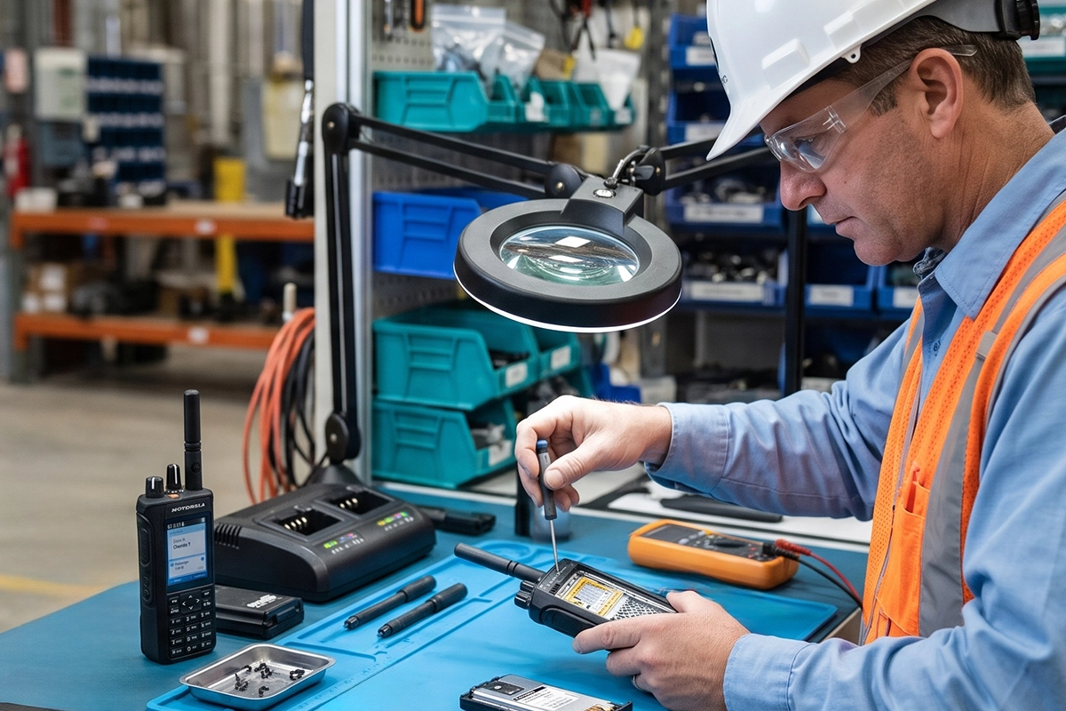 Mantenimiento de radio Motorola R7: técnico revisando un equipo de radiocomunicación profesional