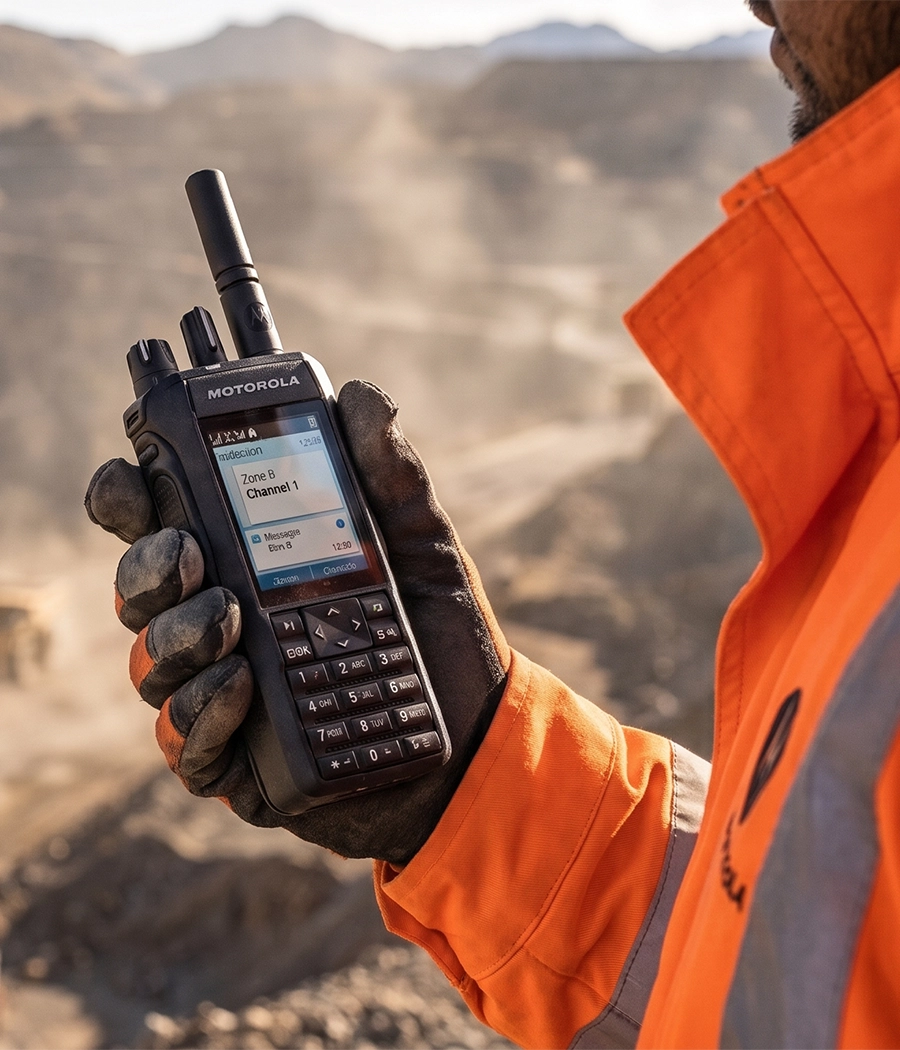 Radio Motorola MOTOTRBO R7 utilizado en operaciones mineras, equipo de radiocomunicación digital profesional
